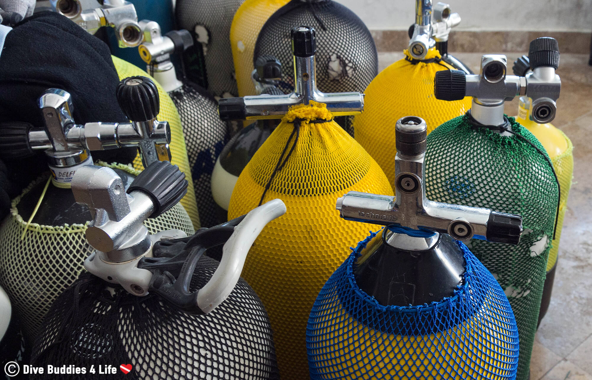 A Bunch Of Scuba Diving Cylinders Freshly Cleaned And Waiting To Be Used In Macedonia, Europe