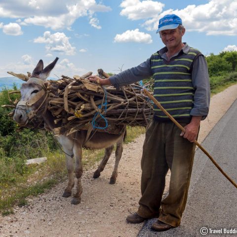 An Albanian Man And His Donkey Walking Along The Side Of The Road, In Albania, East Europe