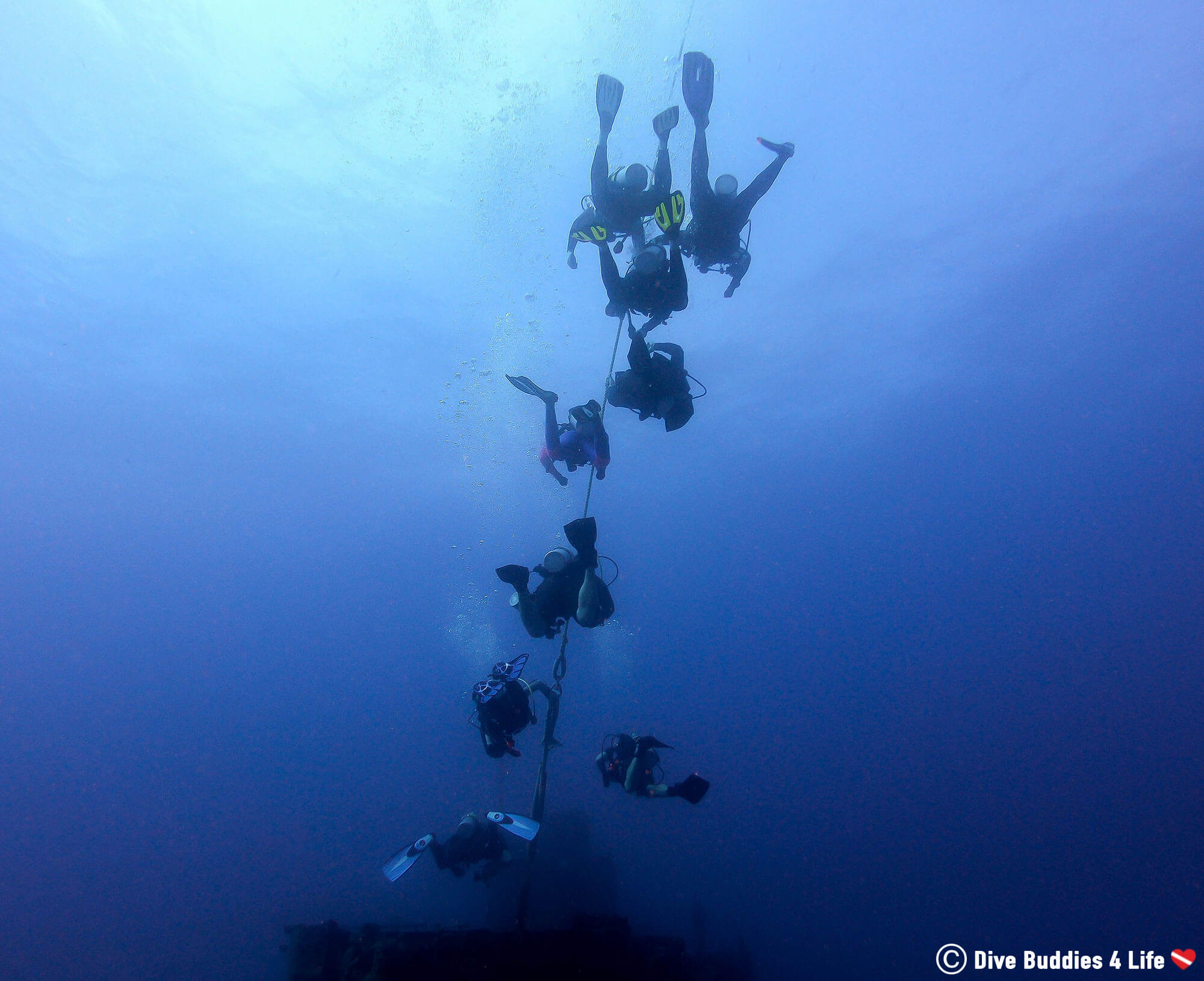 Divers Hanging on in the Current Diving The Duane Florida Key Shipwreck in Key Largo, USA