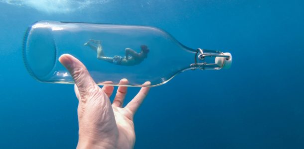 Free Diver In A Bottle, Ocean Pollution