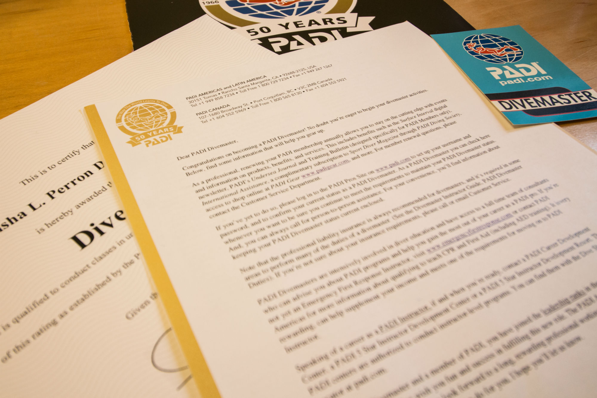 Divemaster Certificate and Letter from PADI