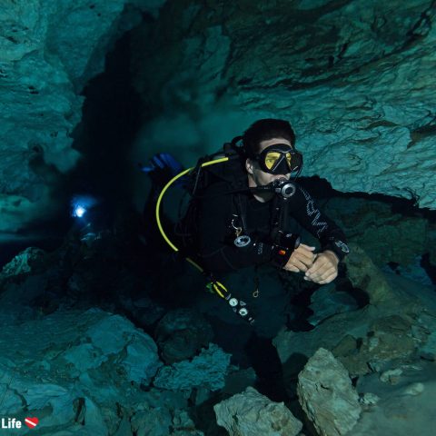 Joey Diving Through The Halocline In The Temple Of Doom Cenote, Tulum, Mexico