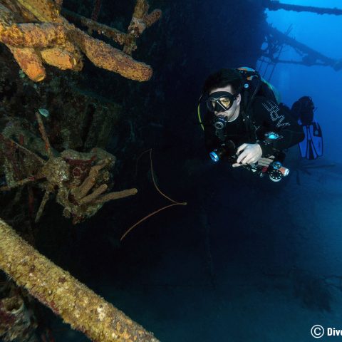 Joey Using His Flashlight And Diving The Hilma Hooker Shipwreck On The South Of Bonaire, Dutch Caribbean