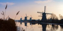 Pink Sky And Kinderdijk Windmills in the Netherlands, Europe