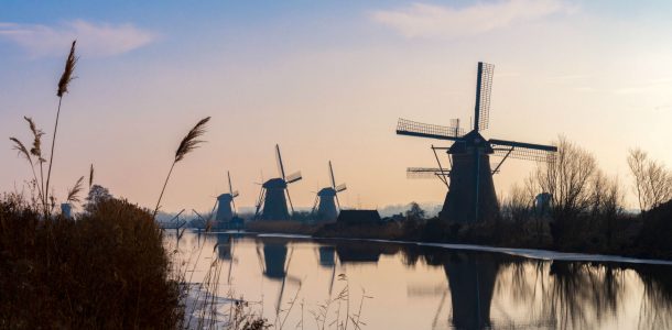 Pink Sky And Kinderdijk Windmills in the Netherlands, Europe