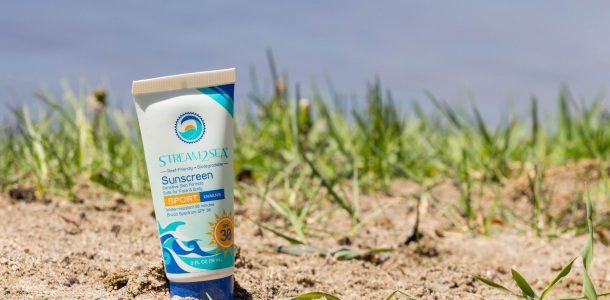 Reef Safe Stream2Sea Sunscreen On The Sandy Beach In Northern Ontario, Canada