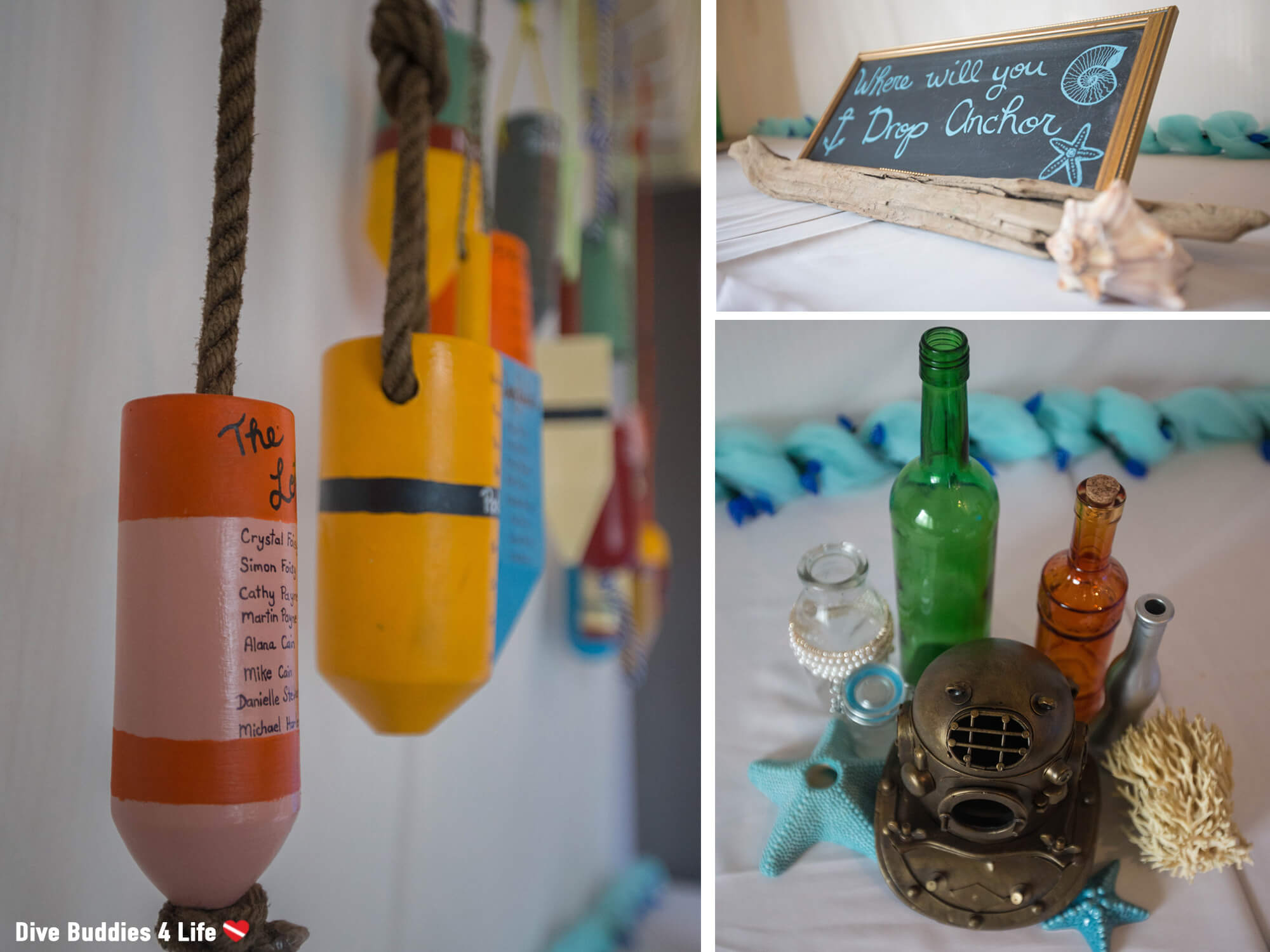 Seating Buoy Chart, Decor And Dive Signs At An Ocean Themed Wedding