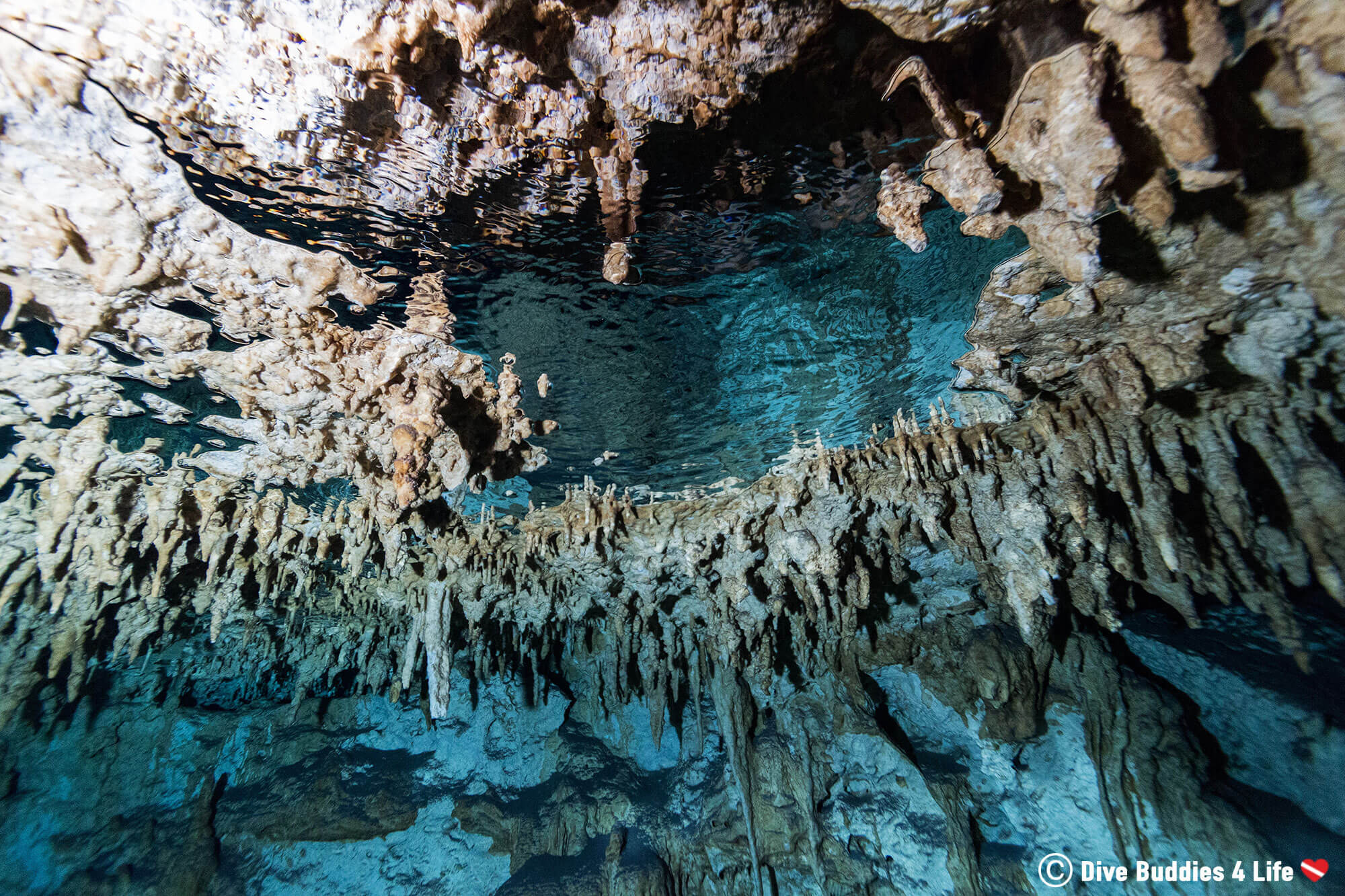The Stalactite Covered Celling Of A Cenote Filled With Air Pockets In Tulum, Mexico